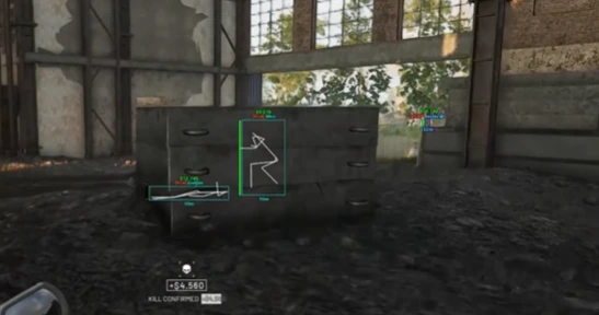 War Dogs skeleton ESP and wallhack highlighting enemies in a warehouse firefight
